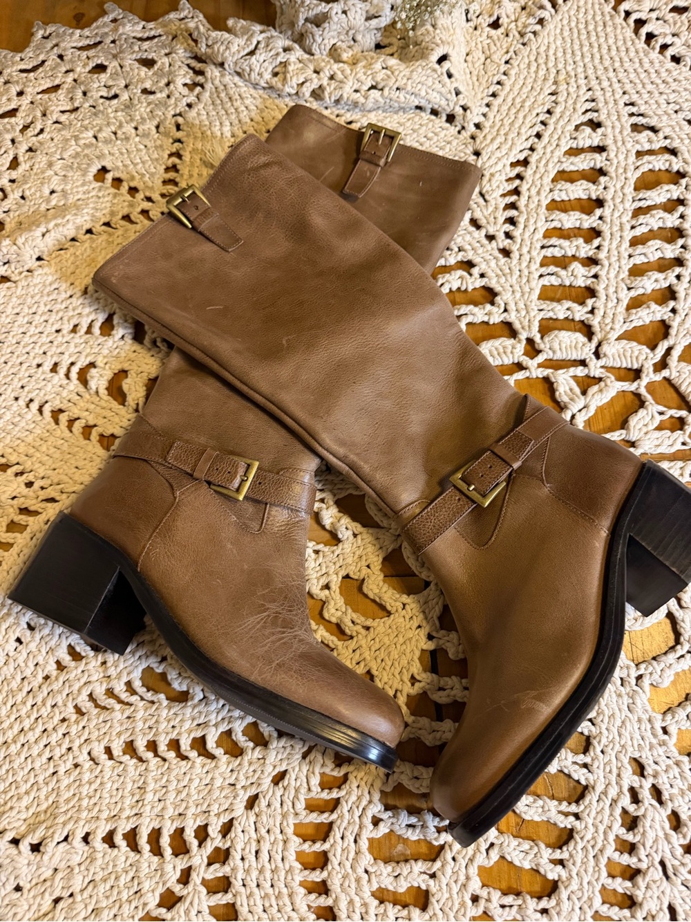 Maeve Brown Leather Knee High Boots Women 38 Buckle Block Heel